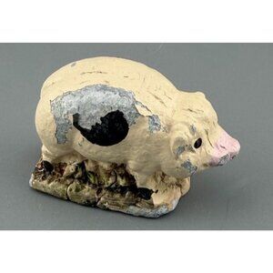 Vintage Small Cast Iron Pig Figurine Primitive Farm Animal Cream Black Spots 2”